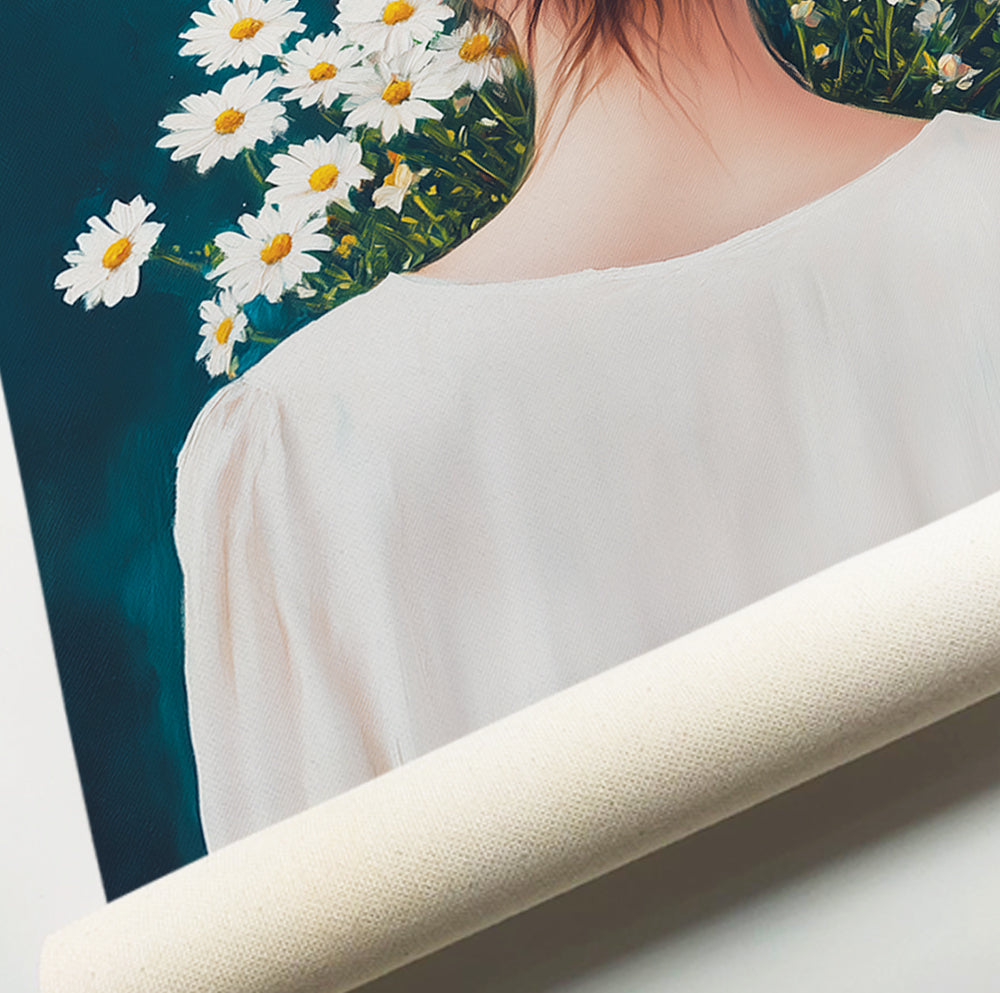 Romantic woman daisy portrait featuring brown hair in an elegant bun and clusters of white daisies