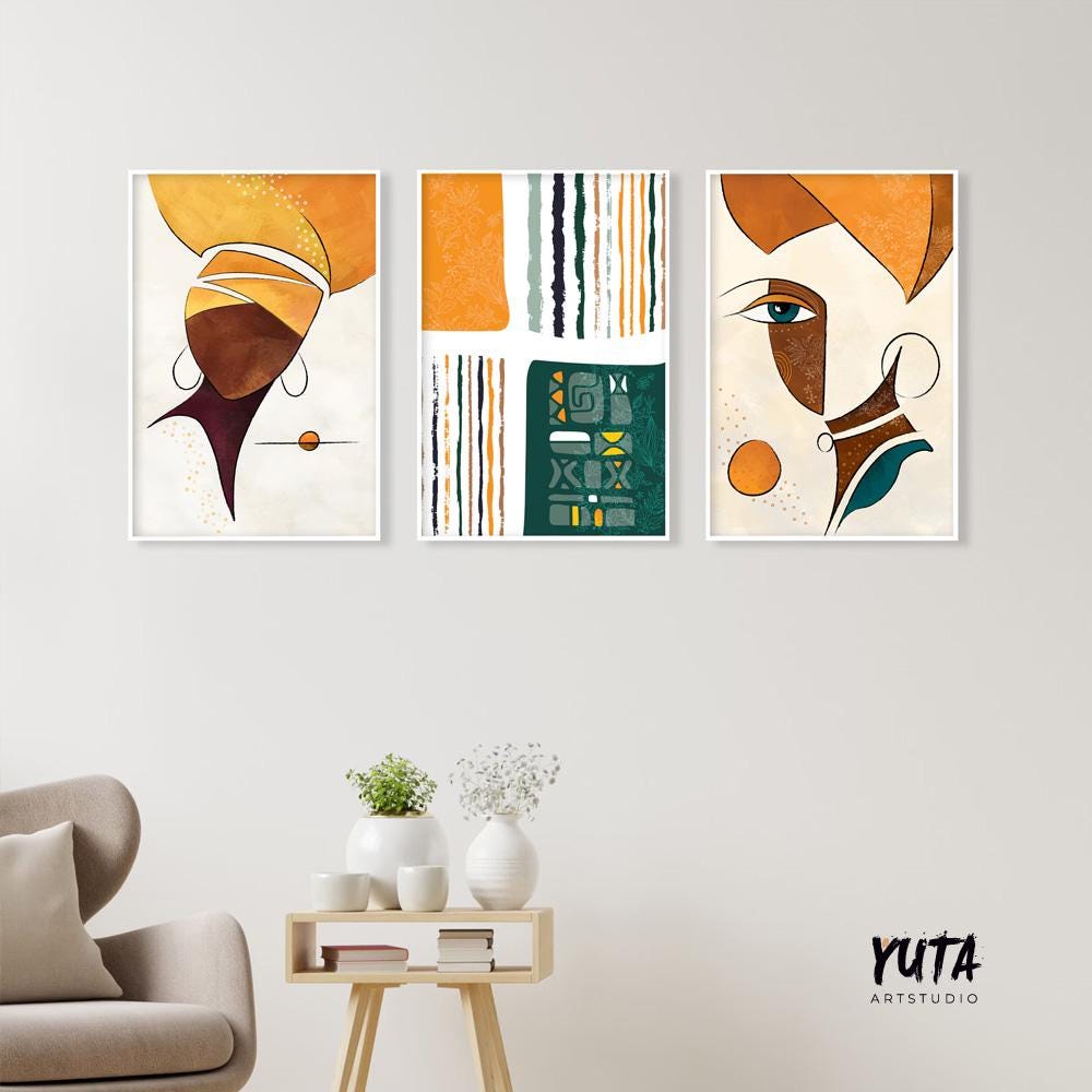 Abstract african art gallery wall set of 3 prints. Colorful ethnic women extra large posters. Modern aesthetic room decor, home gift idea