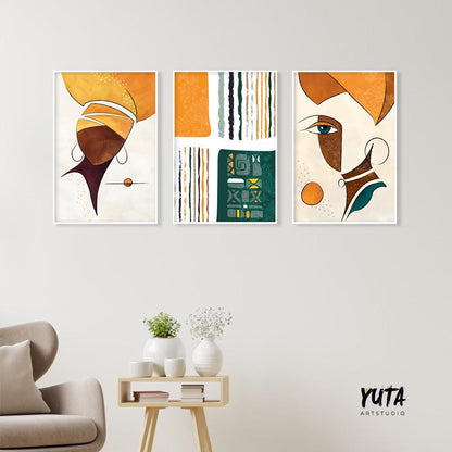 Abstract african art gallery wall set of 3 prints. Colorful ethnic women extra large posters. Modern aesthetic room decor, home gift idea