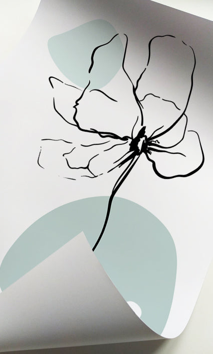 Scandinavian botanical prints featuring black floral line art and sage green shapes