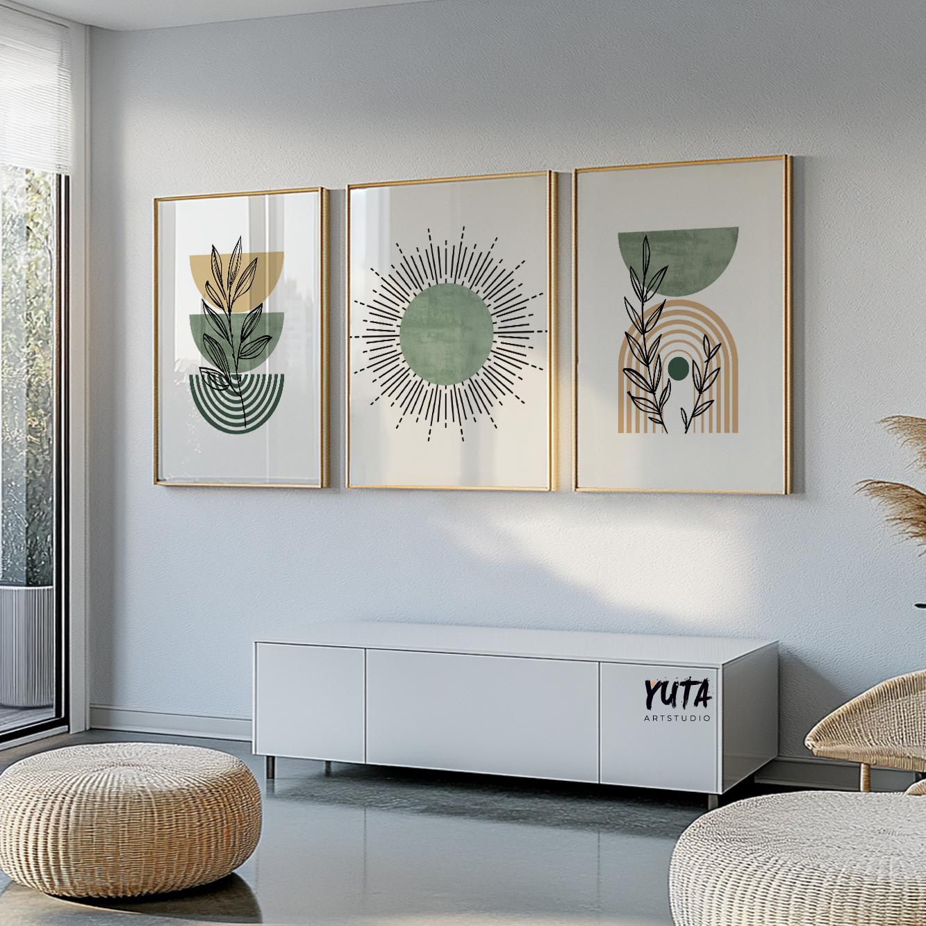 Framed boho abstract prints in sage and neutral tones arranged as a three-piece wall set