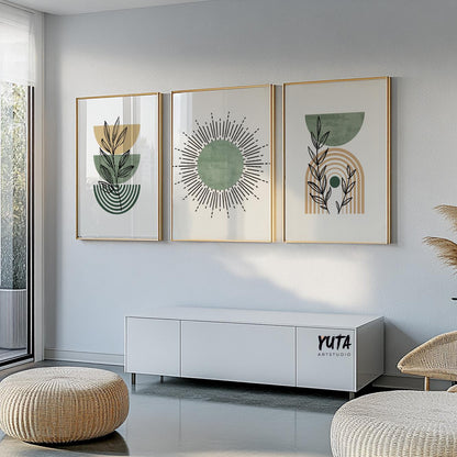 Framed boho abstract prints in sage and neutral tones arranged as a three-piece wall set
