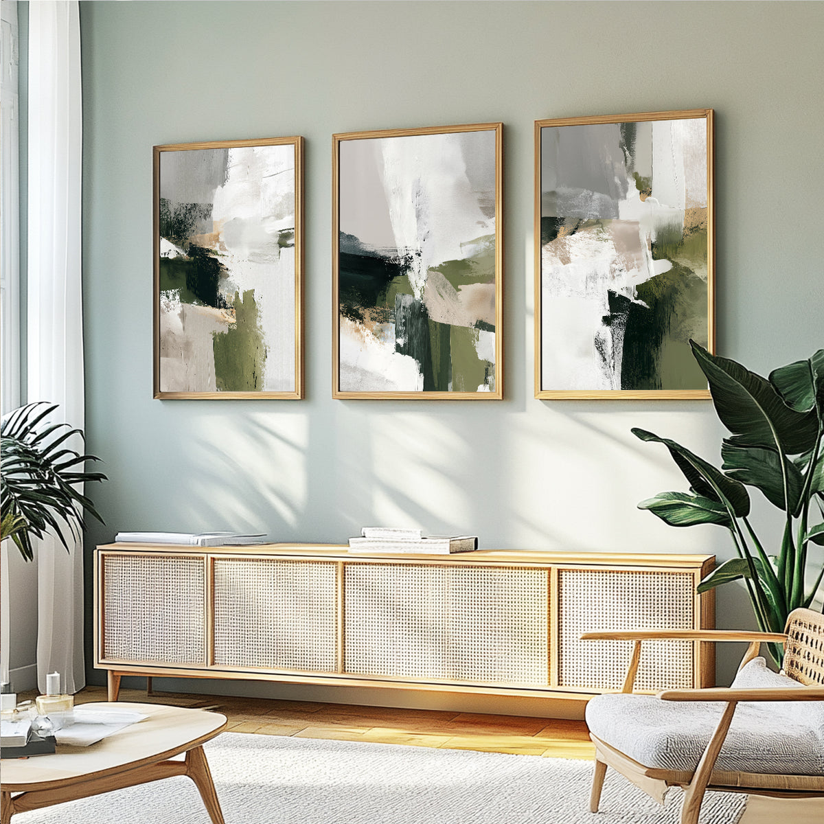 Sage green abstract wall art set of 3 featuring textured geometric brushstrokes and soft earthy neutral colors.
