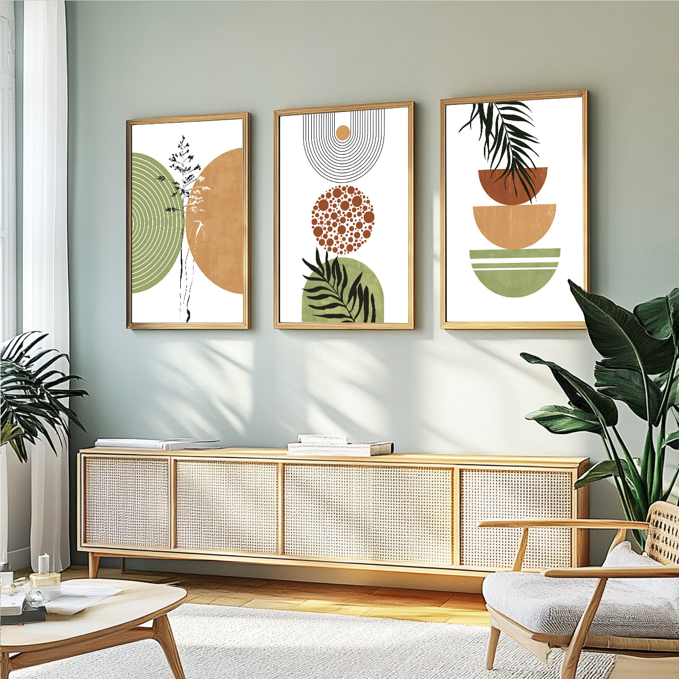 Botanical print set with earthy terracotta, sage green, and beige geometric compositions