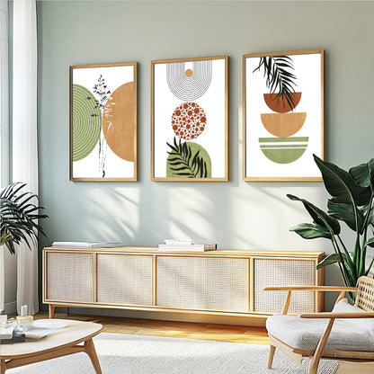 Botanical print set with earthy terracotta, sage green, and beige geometric compositions