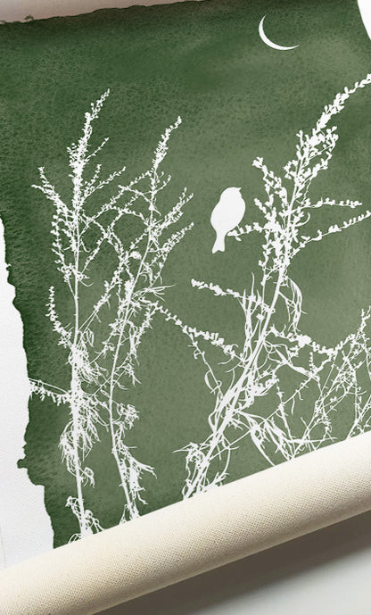 ontemporary botanical wall art with sage green watercolor backgrounds and white botanical illustrations