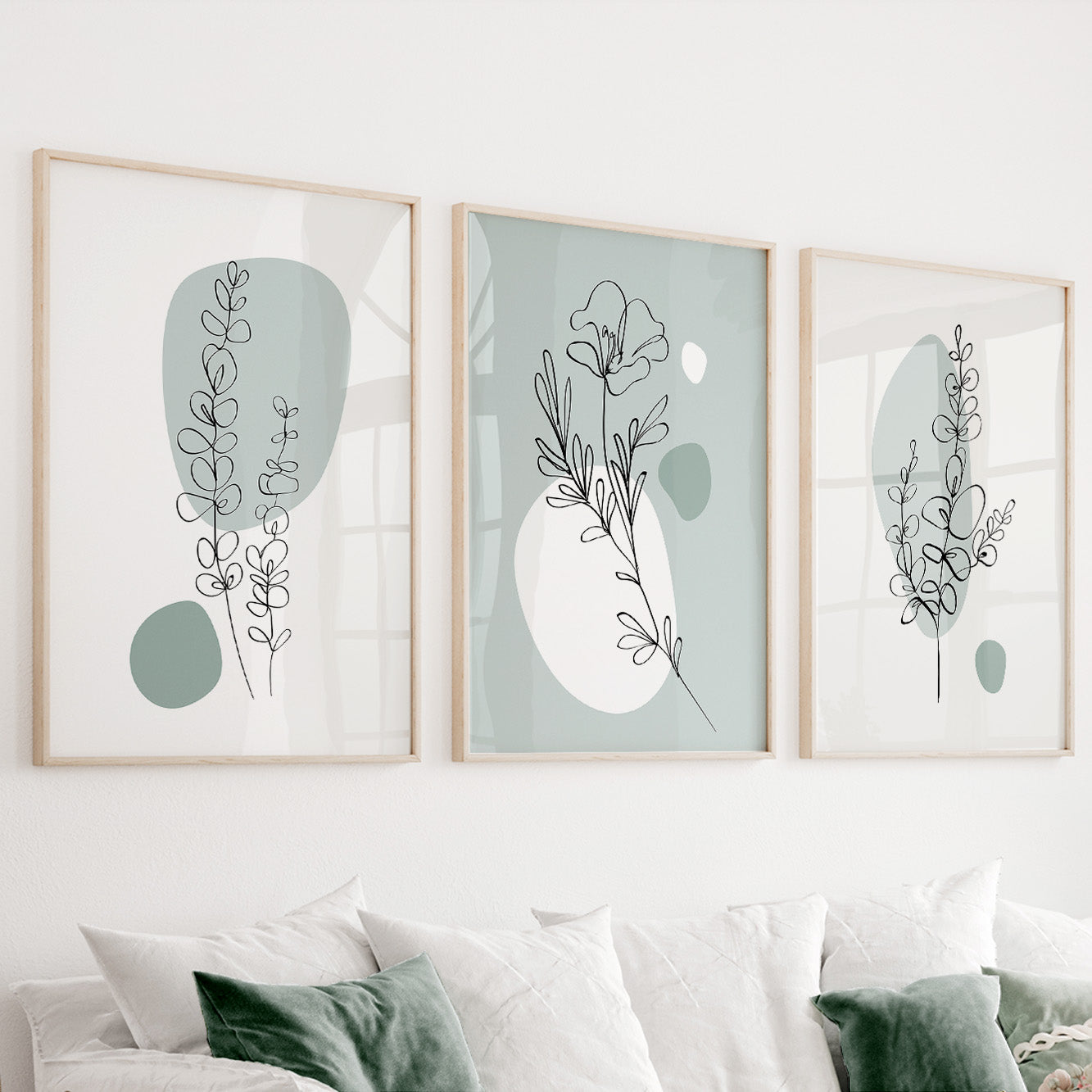 Sage green botanical wall art set of 3 featuring elegant floral line drawings and abstract organic shapes