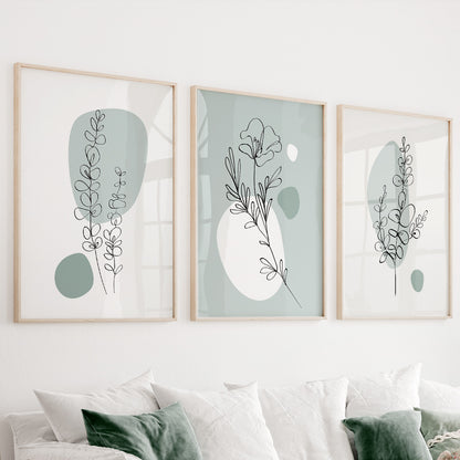 Sage green botanical wall art set of 3 featuring elegant floral line drawings and abstract organic shapes