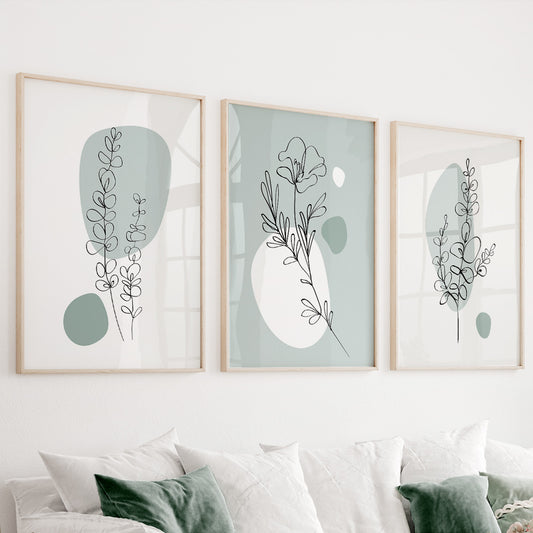 Sage green botanical wall art set of 3 featuring elegant floral line drawings and abstract organic shapes