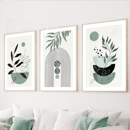 Sage green botanical wall art set of 3 featuring abstract geometric shapes and minimalist foliage