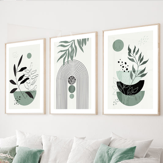 Sage green botanical wall art set of 3 featuring abstract geometric shapes and minimalist foliage