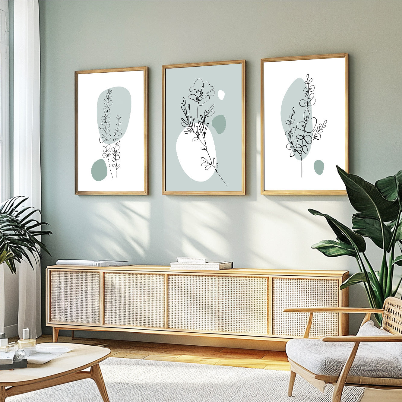 Modern botanical prints with delicate floral line art in soft sage green and ivory tones