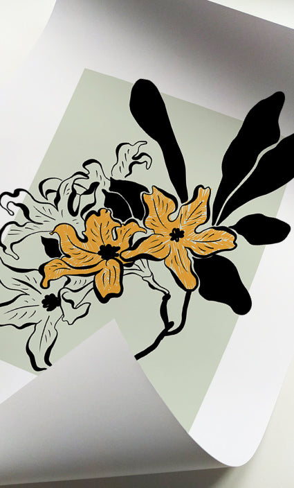 Organic Modern floral wall art set in sage green and mustard yellow