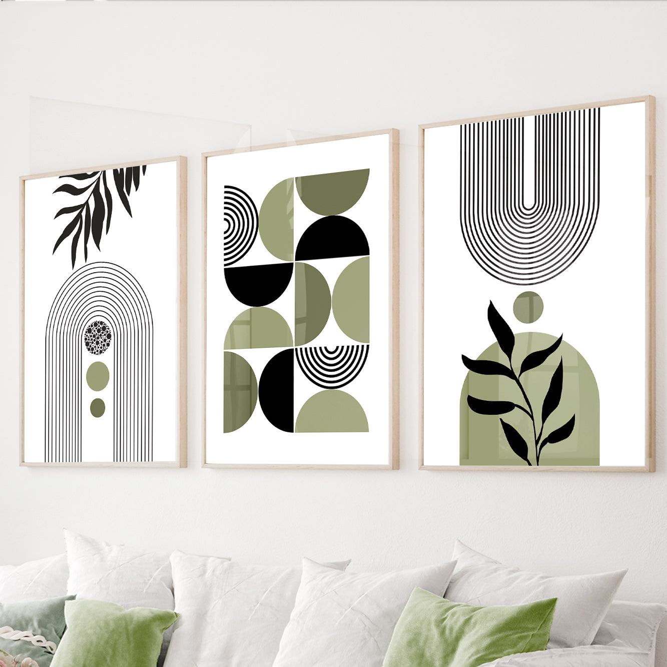 Sage green geometric wall art set of 3 featuring minimalist arches, botanical silhouettes, and abstract shapes