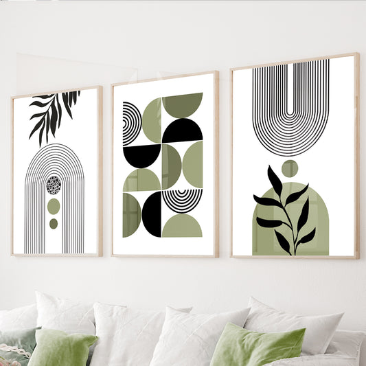 Sage green geometric wall art set of 3 featuring minimalist arches, botanical silhouettes, and abstract shapes