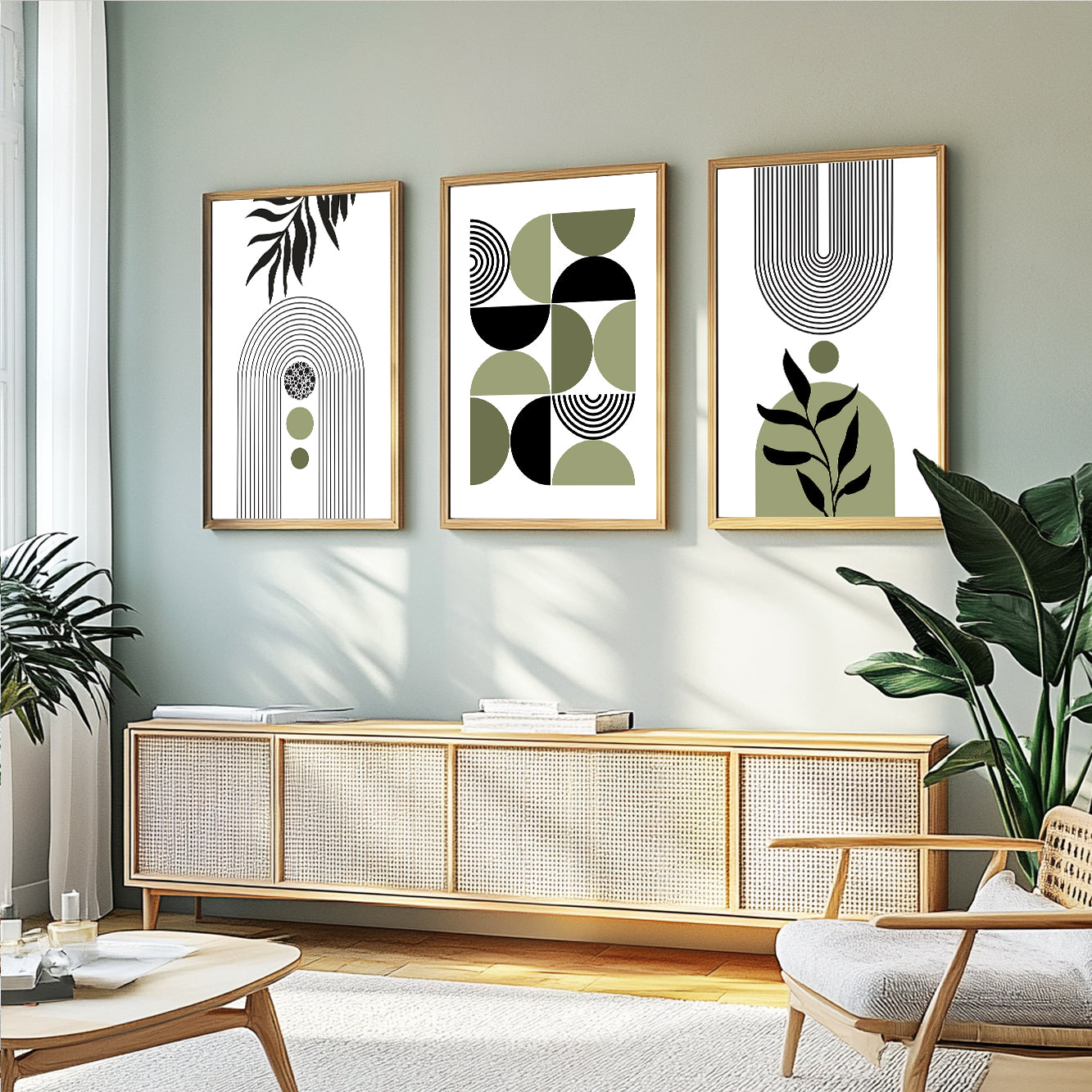 Mid-Century abstract wall art with sage green geometric forms and bold graphic compositions