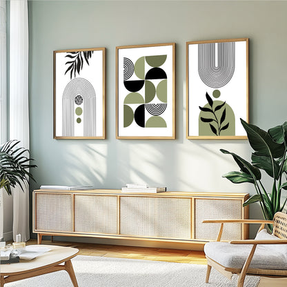 Mid-Century abstract wall art with sage green geometric forms and bold graphic compositions