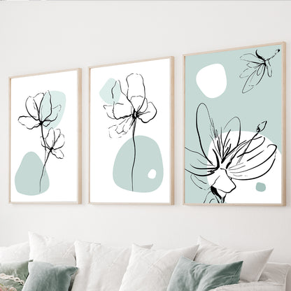 Sage green minimalist floral wall art set of 3 with botanical line drawings