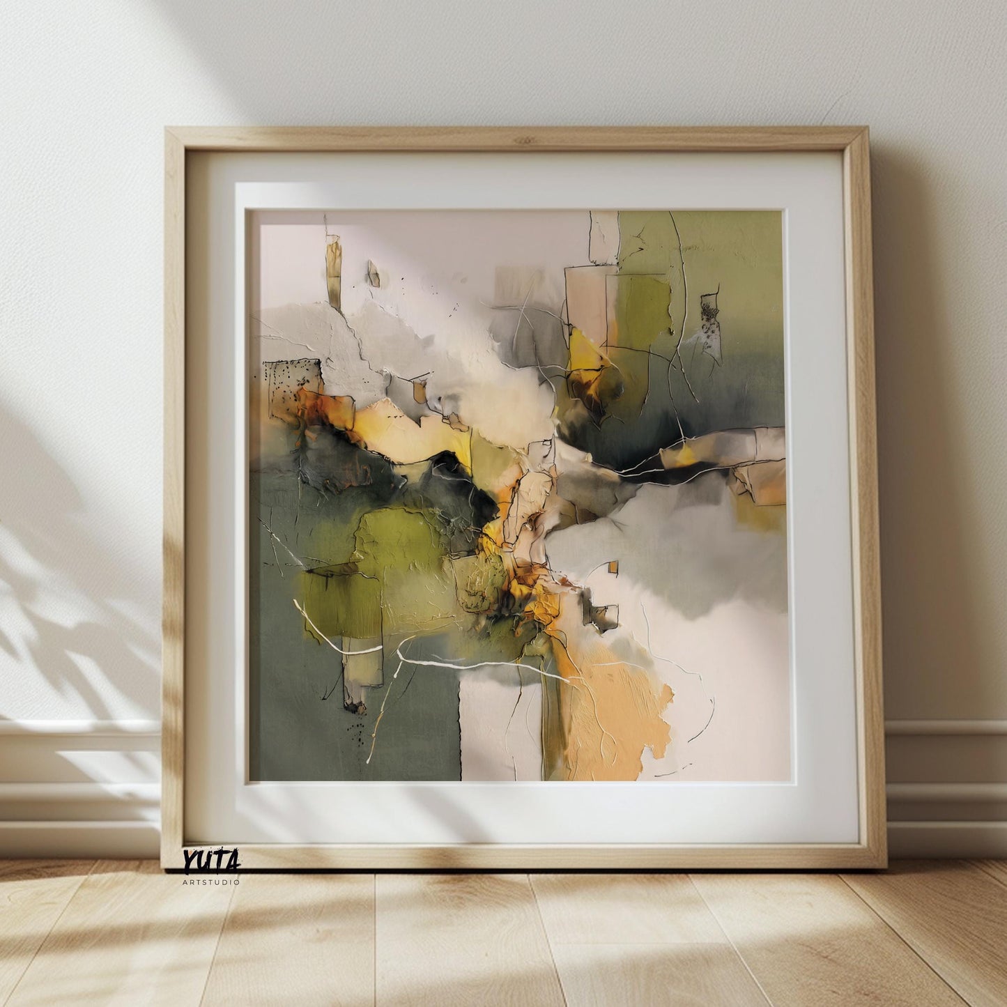 Sage green wall art featuring abstract textures, organic movement and modern minimalist styling