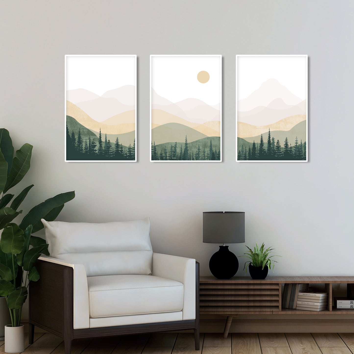 Neutral green beige abstract mountains set of 3 prints. Mid century modern minimalist nature room decor aesthetic boho gallery wall set