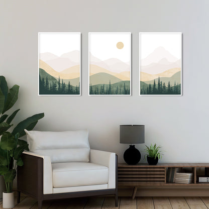 Neutral green beige abstract mountains set of 3 prints. Mid century modern minimalist nature room decor aesthetic boho gallery wall set