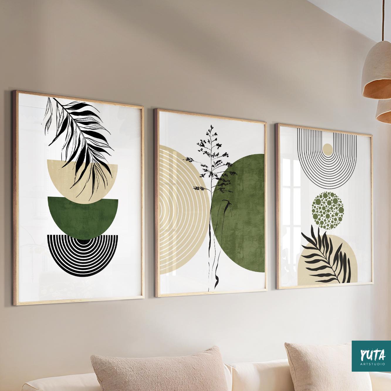Sage green wall art set featuring abstract botanical forms, minimalist linework and modern organic styling