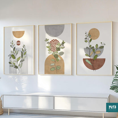 Three framed abstract botanical prints in a row, styled as a gallery wall above white cabinetry