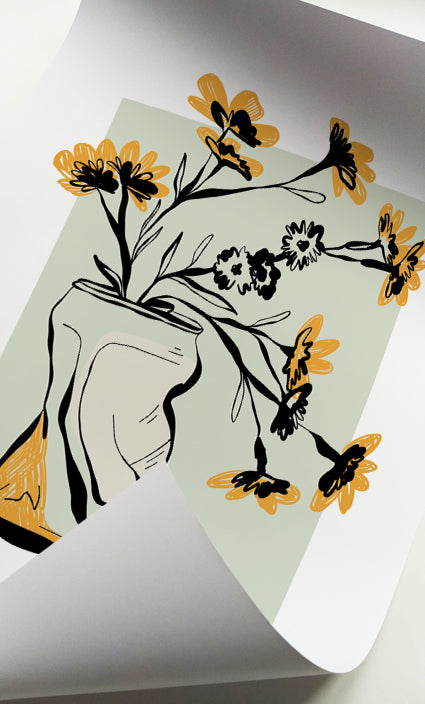 Botanical artwork with modern floral illustrations and ceramic vases