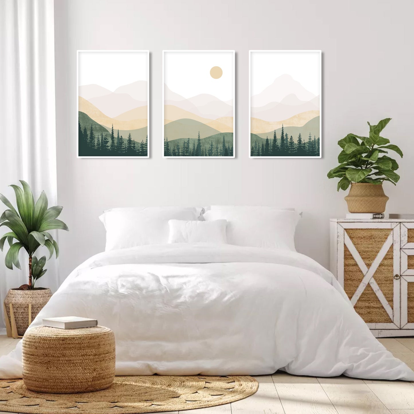 Neutral green beige abstract mountains set of 3 prints. Mid century modern minimalist nature room decor aesthetic boho gallery wall set
