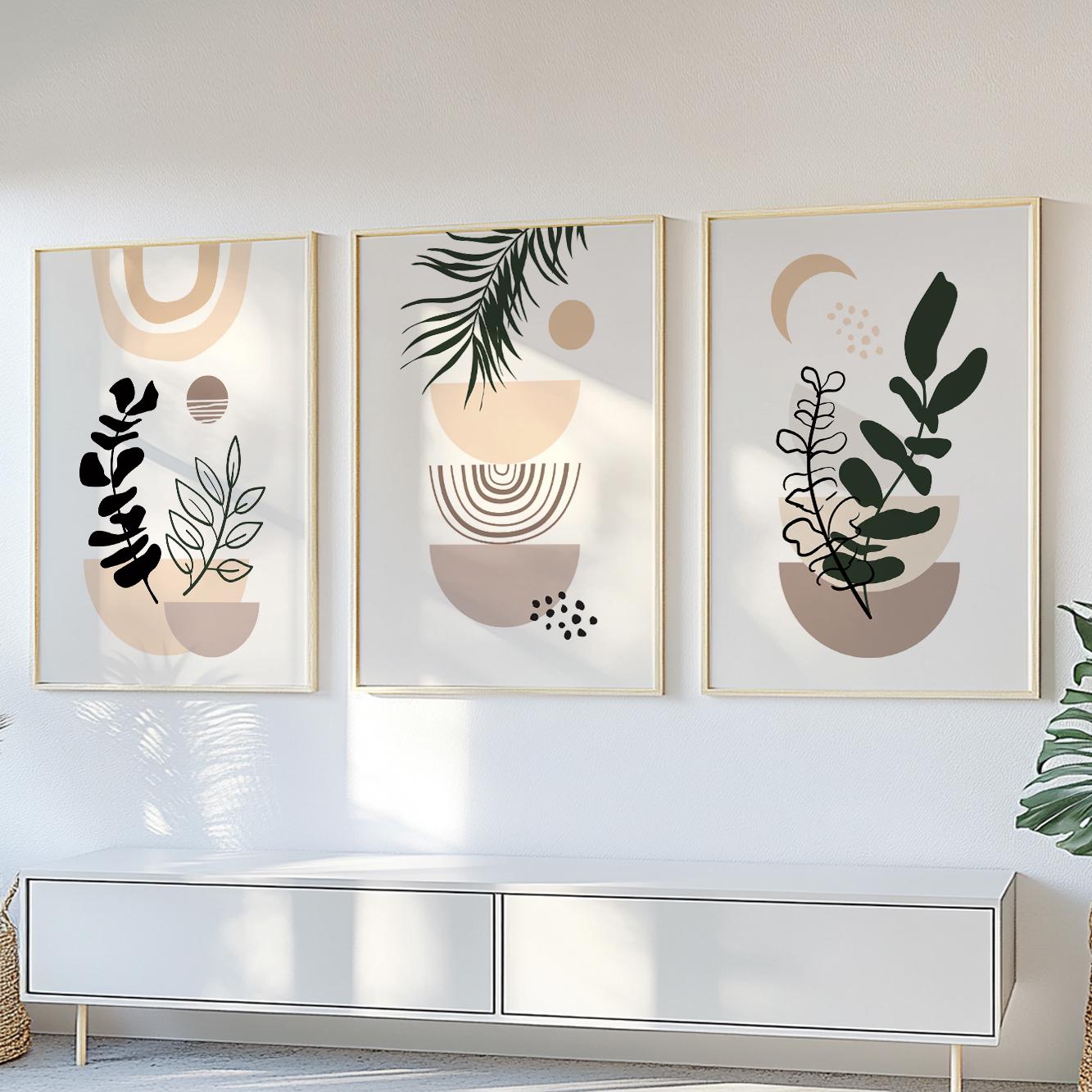 Framed boho botanical art set measuring 24x36 inches each, shown above a cabinet