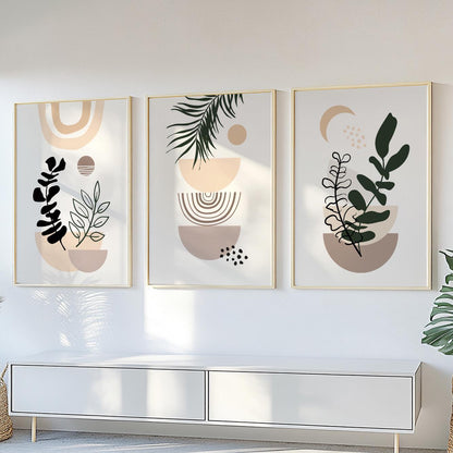 Framed boho botanical art set measuring 24x36 inches each, shown above a cabinet