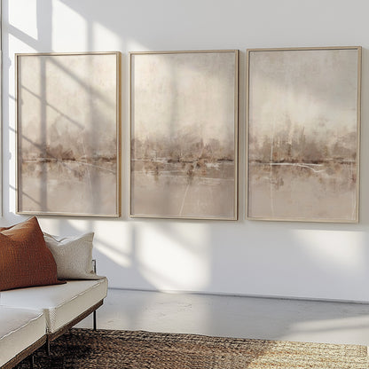 Scandinavian landscape gallery wall in warm neutral colors