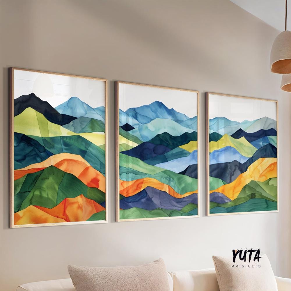 Colorful mountains wall art set of 3 prints, Mid century modern large wall art prints, abstract painting, aesthetic room decor