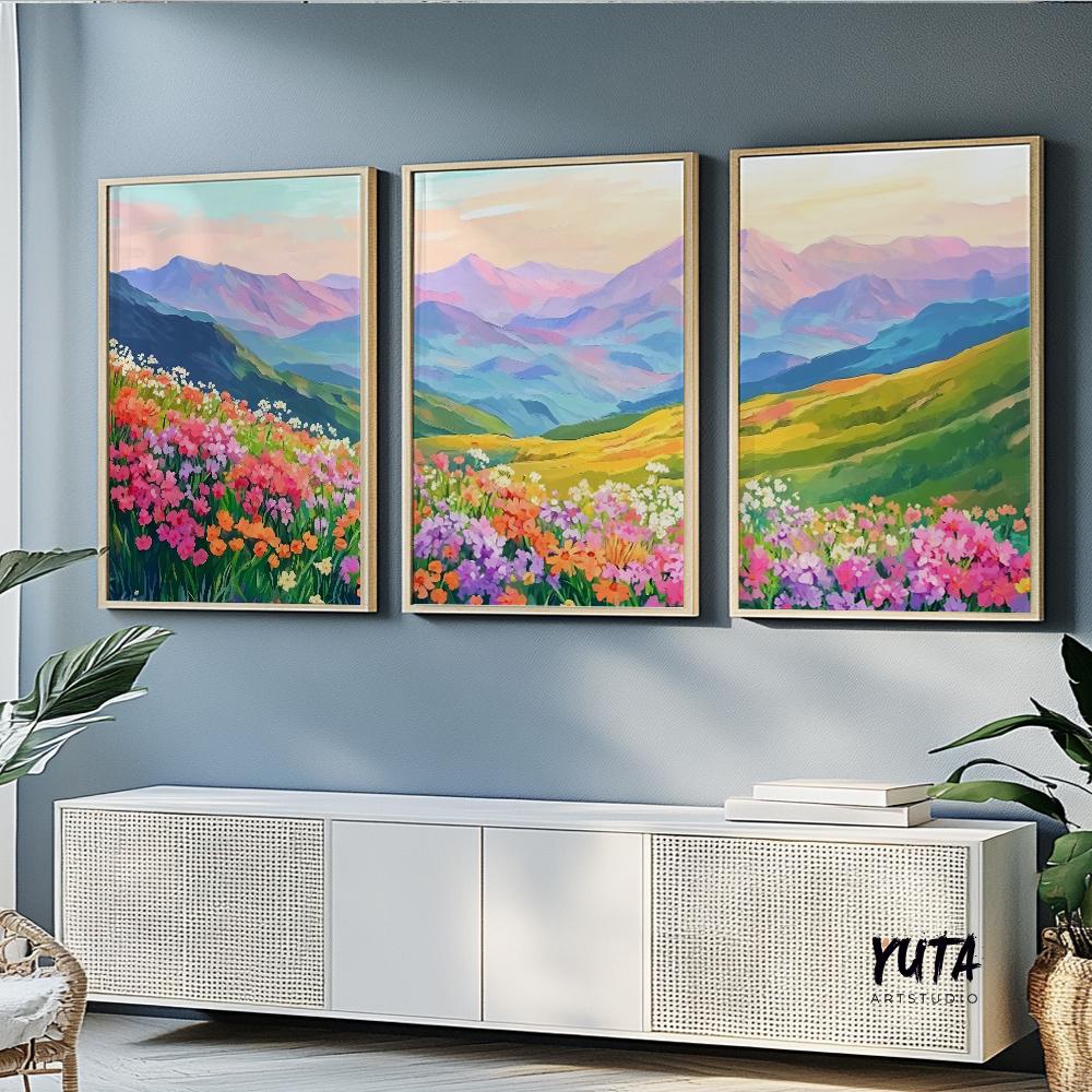 Colorful mountain wall art set of 3 print, mountain wild flowers landscape posters, modern boho nature gallery wall set, aestetic room decor