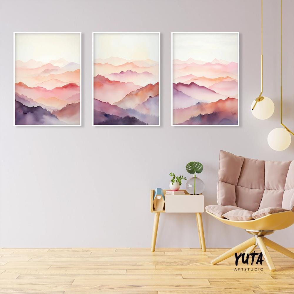 Set of 3 pink purple abstract mountain prints. Colorful mountain landscape painting, minimalist abstract wall art prints, preppy room decor