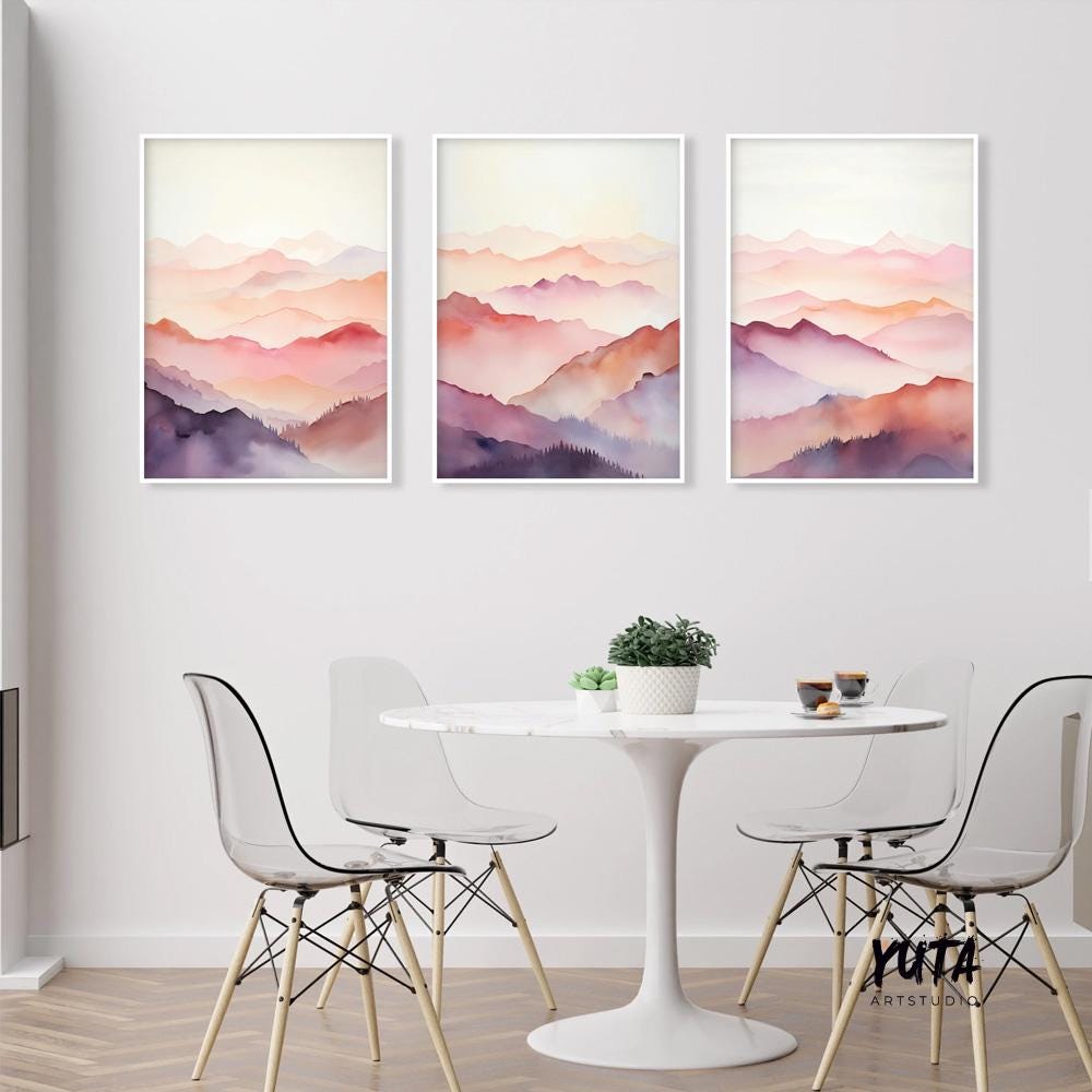 Set of 3 pink purple abstract mountain prints. Colorful mountain landscape painting, minimalist abstract wall art prints, preppy room decor