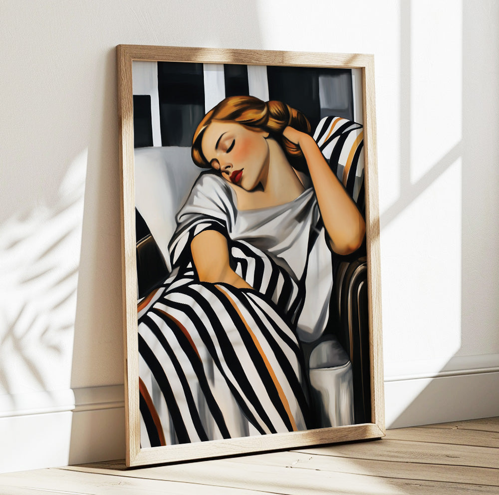 Sleeping woman wall art featuring a peaceful female portrait with a black and white striped blanket