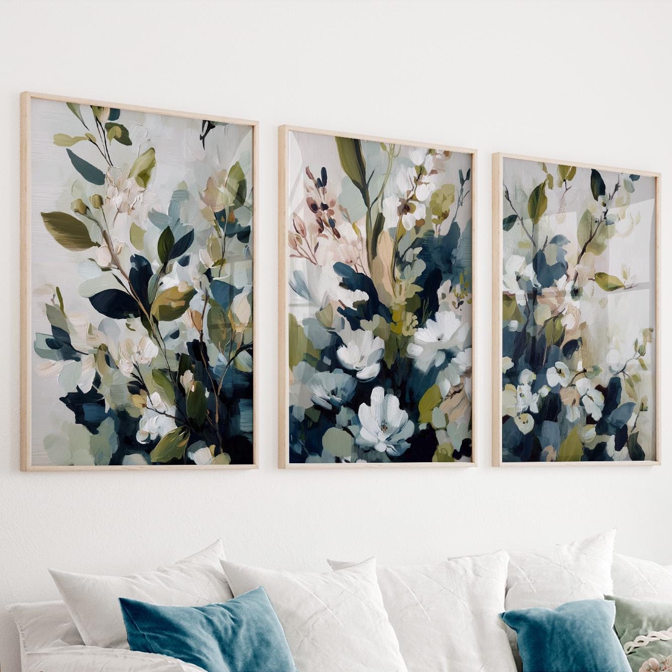 Organic modern floral wall art set in blue green and cream tones for bedroom decor
