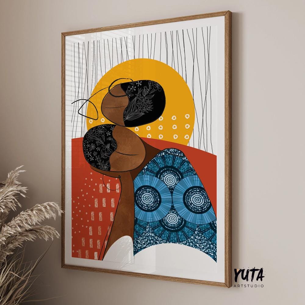 Minimalist black woman artwork with African-inspired geometric shapes.