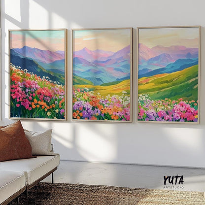 Colorful mountain wall art set of 3 print, mountain wild flowers landscape posters, modern boho nature gallery wall set, aestetic room decor