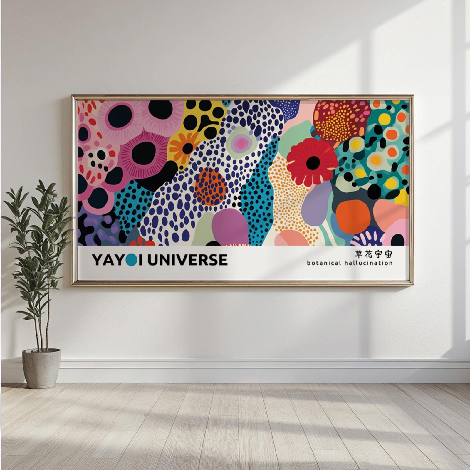 Colorful abstract floral print in a light wood frame displayed above a minimalist sofa.