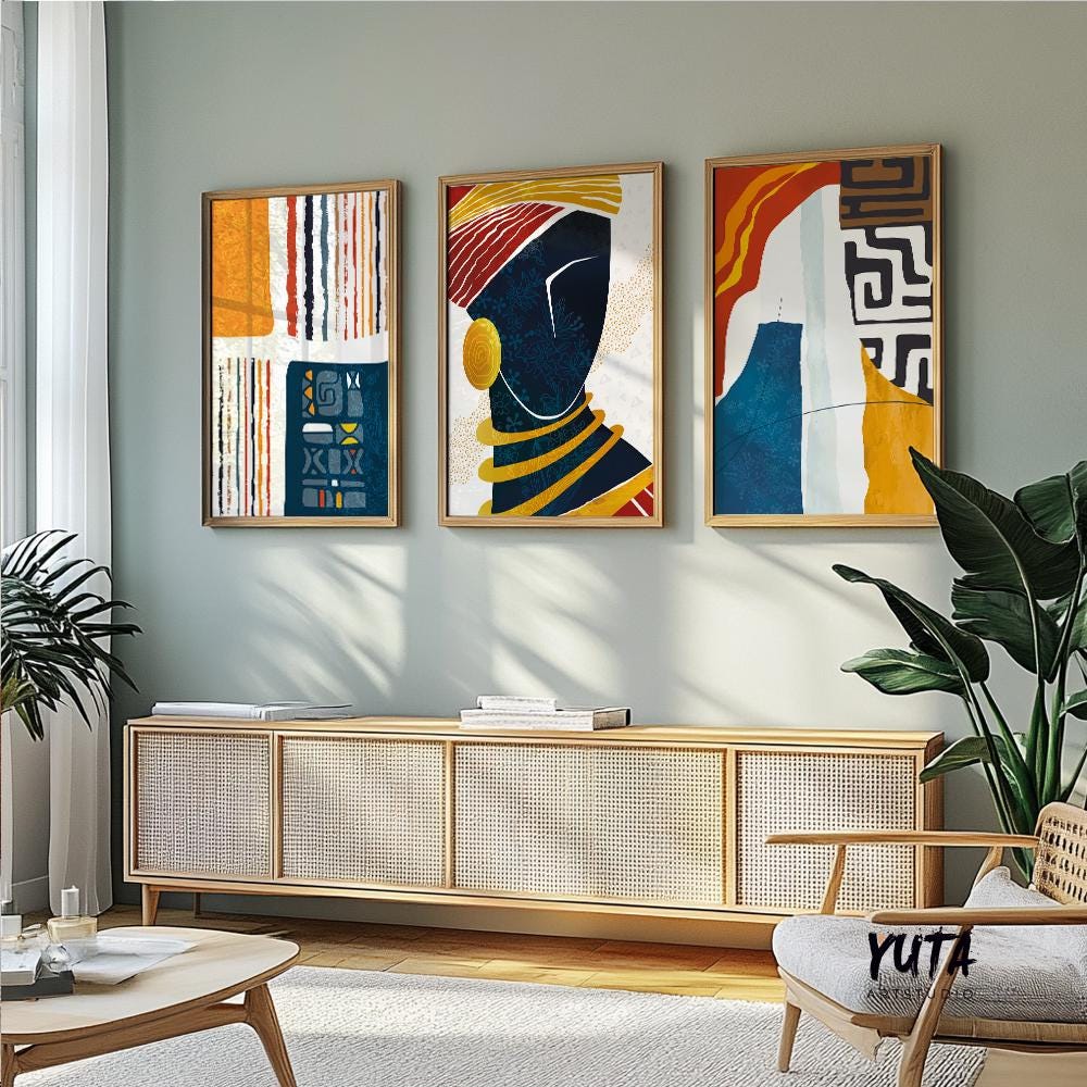 African American abstract gallery wall art set of 3, featuring modern black woman portraits with colorful geometric and ethnic design.