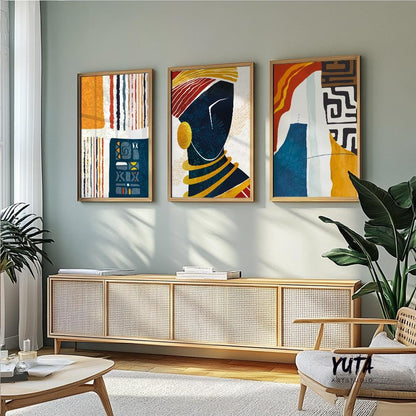 African American abstract gallery wall art set of 3, featuring modern black woman portraits with colorful geometric and ethnic design.