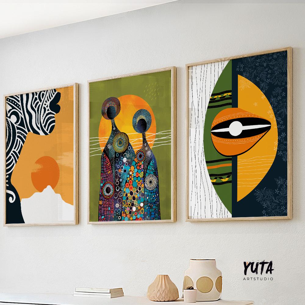 Contemporary Bright Abstract African American Art Set of 3 Prints. Three Peace Modern Tribe Abstract Art. Black Woman Portrait.