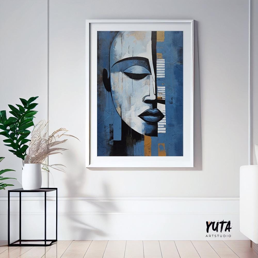 Modern navy blue grey abstract painting print. Contemporary african american art. Abstract woman portrait, minimalist living room decor