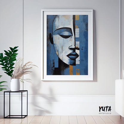 Modern navy blue grey abstract painting print. Contemporary african american art. Abstract woman portrait, minimalist living room decor