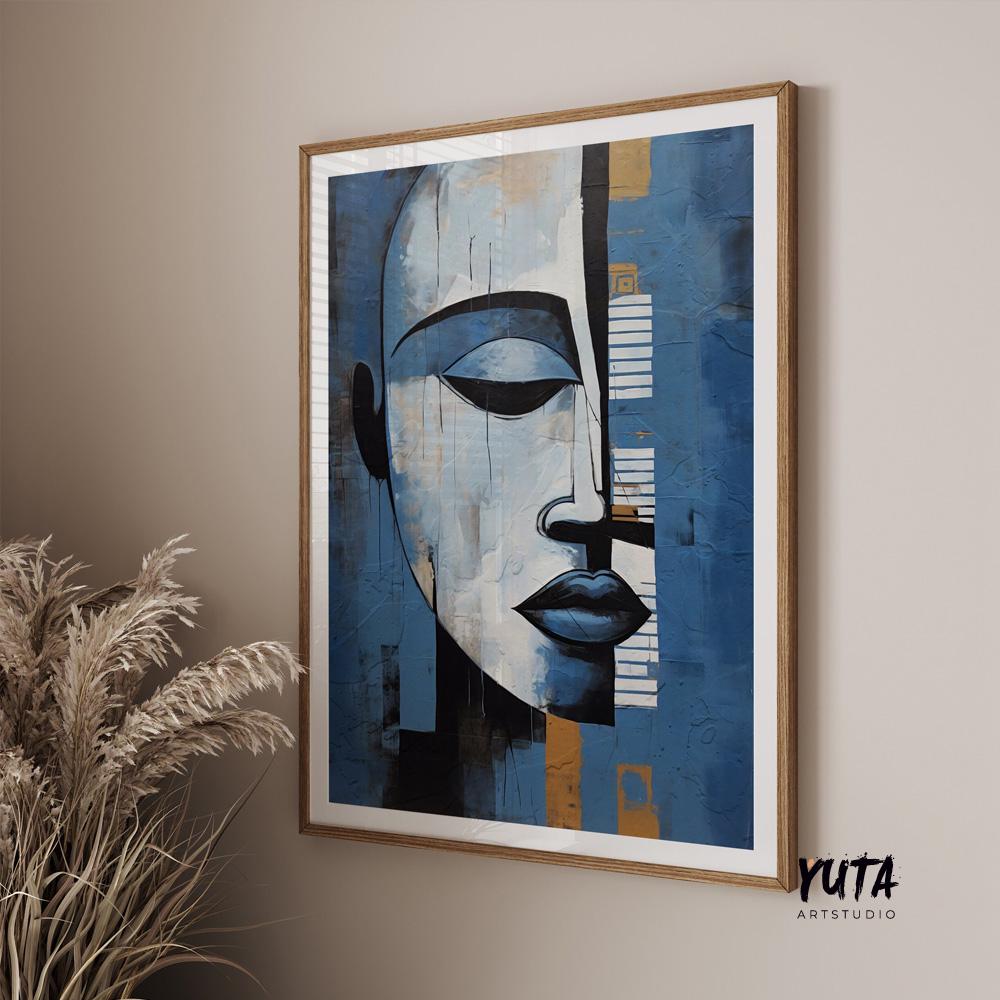 Modern navy blue grey abstract painting print. Contemporary african american art. Abstract woman portrait, minimalist living room decor