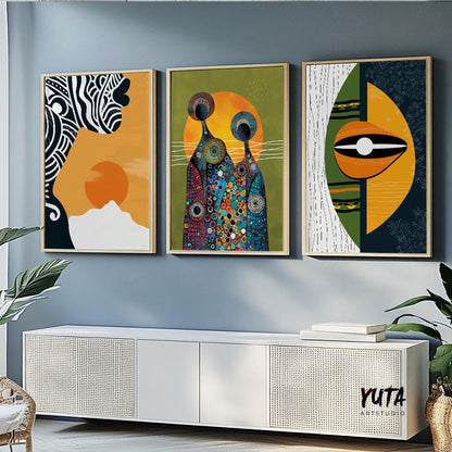 Contemporary Bright Abstract African American Art Set of 3 Prints. Three Peace Modern Tribe Abstract Art. Black Woman Portrait.