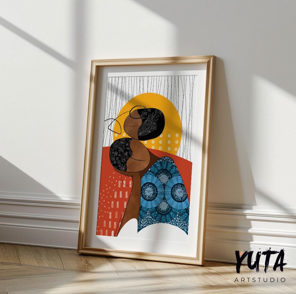 Abstract tribal black woman portrait. Bright modern african american art, girl faces minimalist print, above bed decor, aesthetic room decor