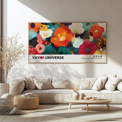 Framed wide abstract floral artwork with vibrant colors hanging above a beige sofa in sunlight
